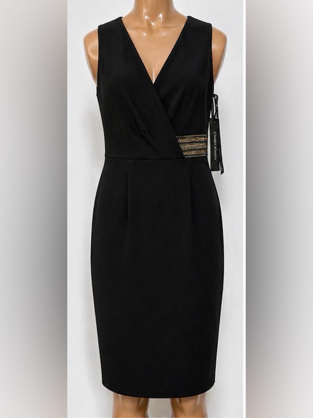 Calvin Klein Black Midi Dress with Gold-Accent Waist